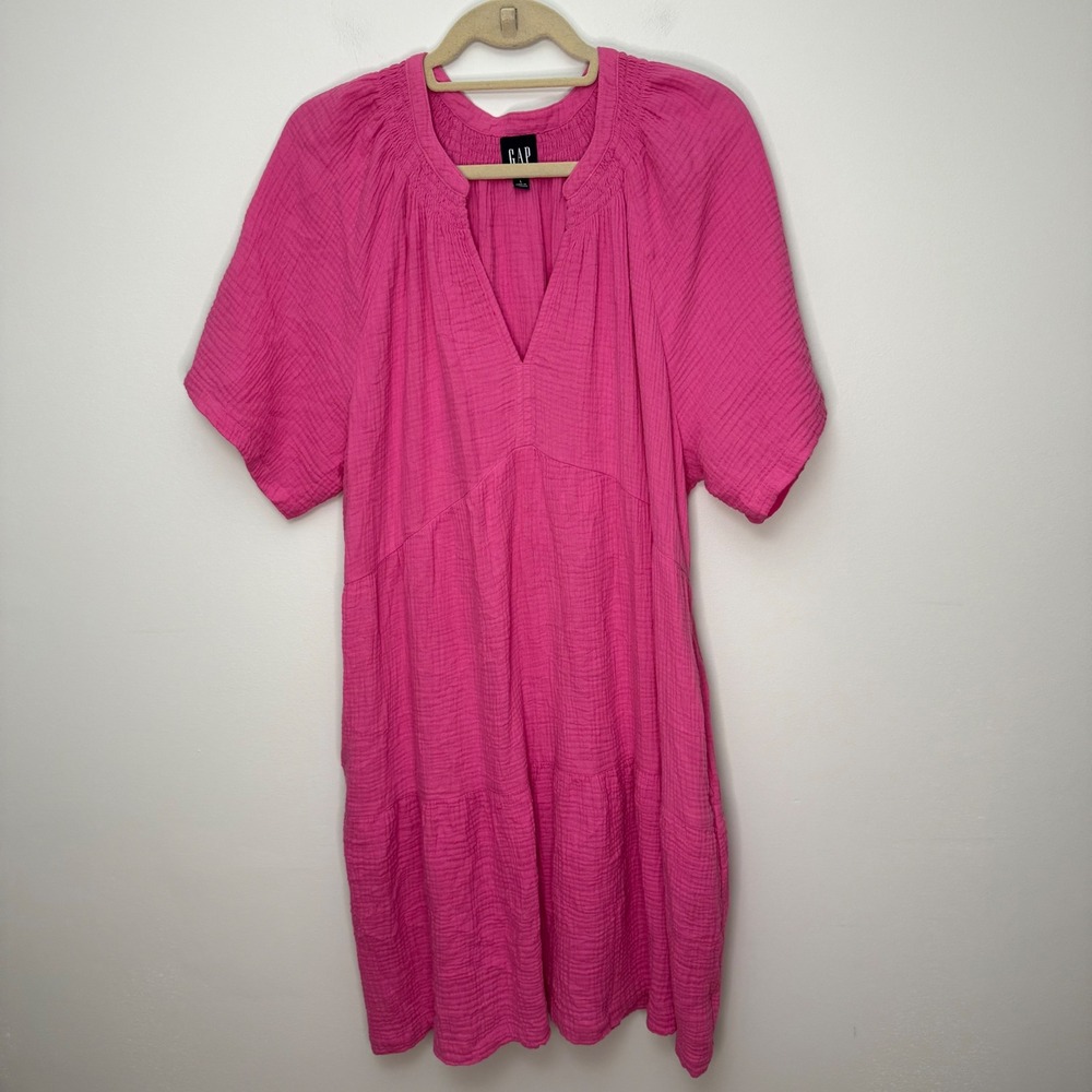 Gap Womens Pink Cotton Gauze Tiered Smocked V-Neck Midi Dress Pockets Large